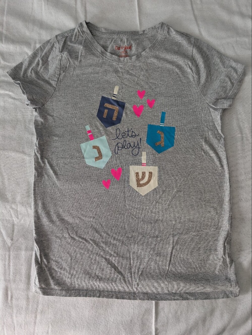 Cat & Jack Gray Short Sleeve Tee with Colorful Dreidel Graphics